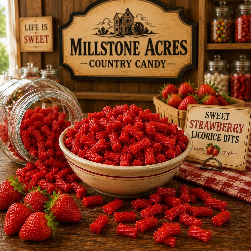 Sweet Strawberry Licorice Bits in a bowl at the Millstone Acres old-fashioned country candy shop
