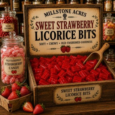 Millstone Acres Sweet Strawberry Licorice Bits displayed in a rustic wooden candy crate with a vintage wooden scoop, old-fashioned strawberry hard candy in a glass apothecary jar, and a bright country candy store.