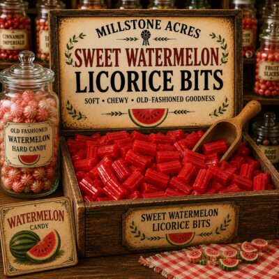 Millstone Acres Sweet Watermelon Licorice Bits displayed in a rustic wooden candy crate with a vintage wooden scoop, old-fashioned watermelon hard candy in a glass apothecary jar, and a bright country candy store.