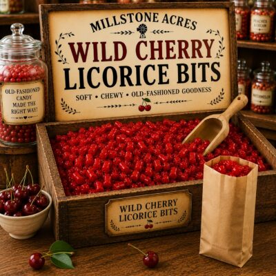 Millstone Acres Wild Cherry Licorice Bits displayed in a rustic wooden candy bin with a wooden scoop, a traditional paper candy bag filled with licorice bits, fresh cherries, vintage branded signage, and a bright old-fashioned country candy store.