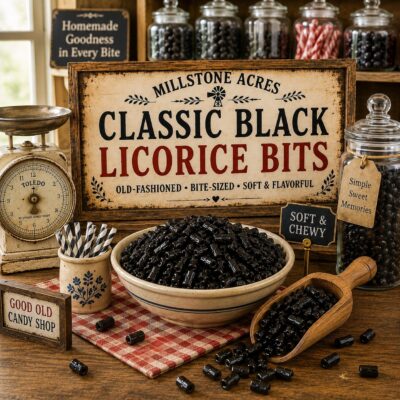 Millstone Acres Classic Black Licorice Bits displayed in a bright old-fashioned country candy shop with a ceramic bowl of soft chewy black licorice bites, vintage wooden scoop, antique scale, and nostalgic branded signage.