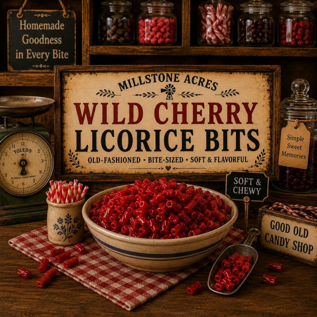 Millstone Acres Wild Cherry Licorice Bits displayed in an old-fashioned country candy shop with a rustic sign, vintage scale, bowl of soft chewy wild cherry licorice bits, and nostalgic candy store décor.
