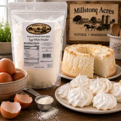 Millstone Acres Natural Egg White Powder with homemade whipped meringues, angel food cake, fresh eggs, and measuring scoop in a bright farmhouse kitchen.