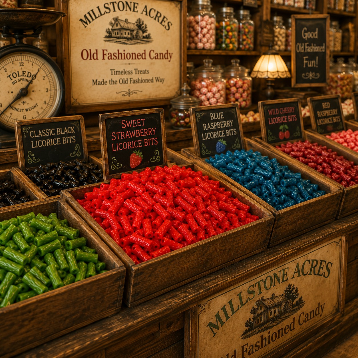 Sweet Strawberry Licorice Bits at a nostalgic old fashioned candy counter