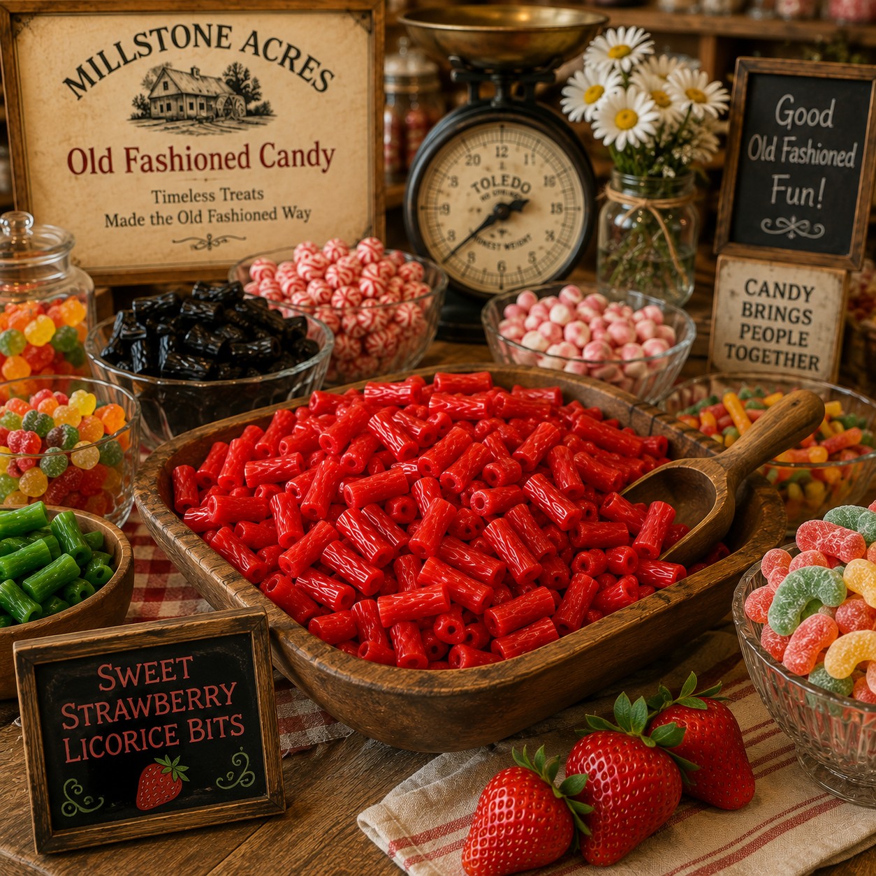 Sweet Strawberry Licorice Bits ready for parties, gatherings, and candy tables