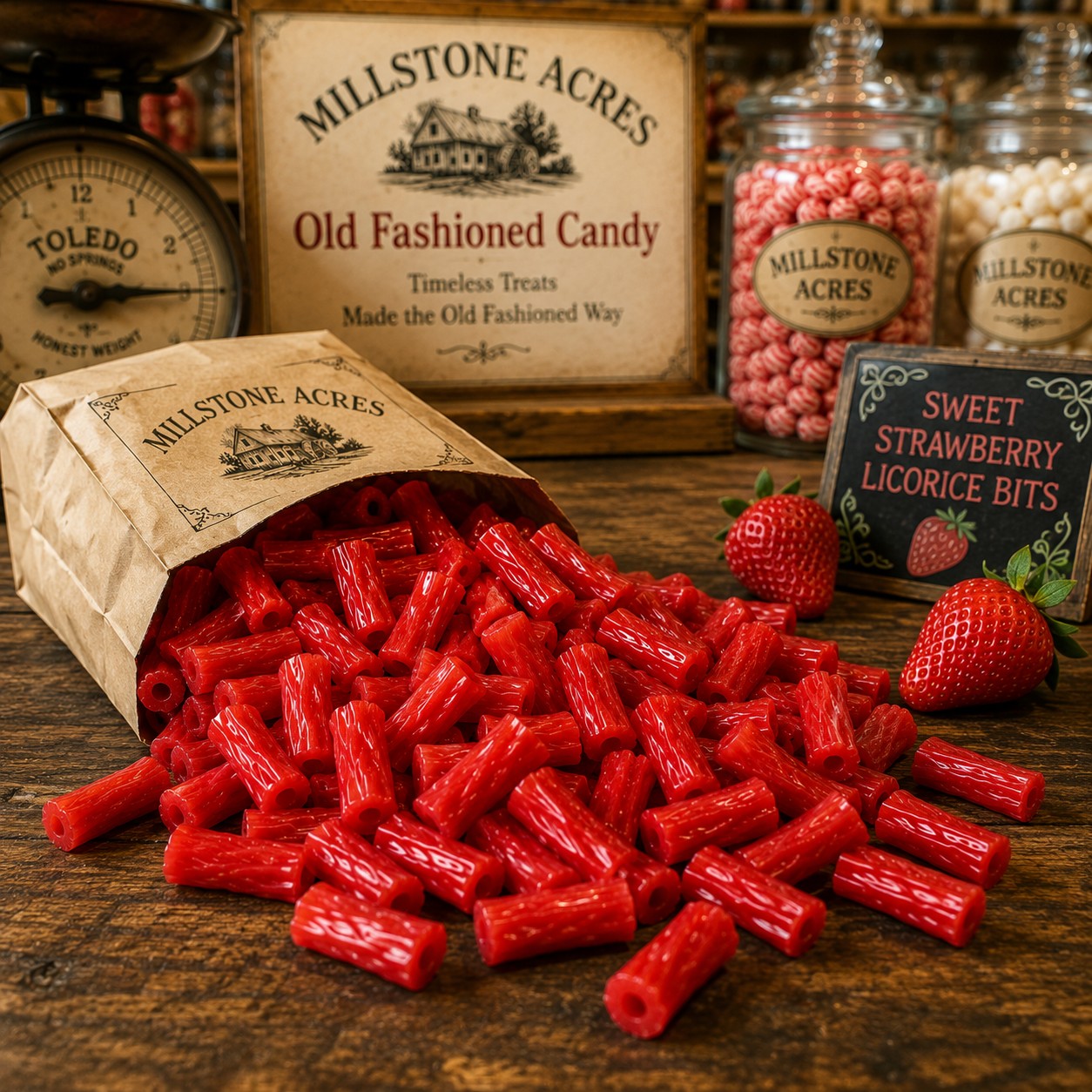 Soft and chewy Sweet Strawberry Licorice Bits at an old fashioned candy counter