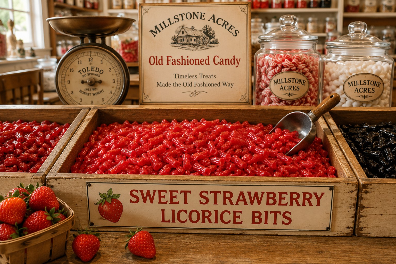 Millstone Acres Sweet Strawberry Licorice Bits displayed in an old fashioned candy shop