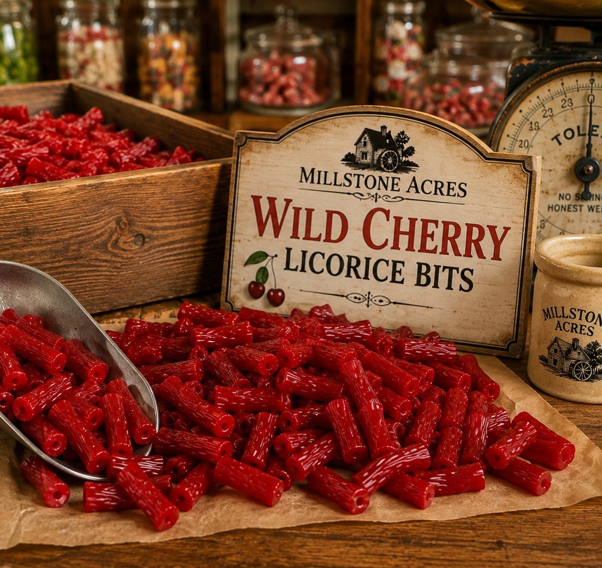Wild Cherry Licorice Bits with rich cherry color in an old fashioned Millstone Acres candy shop