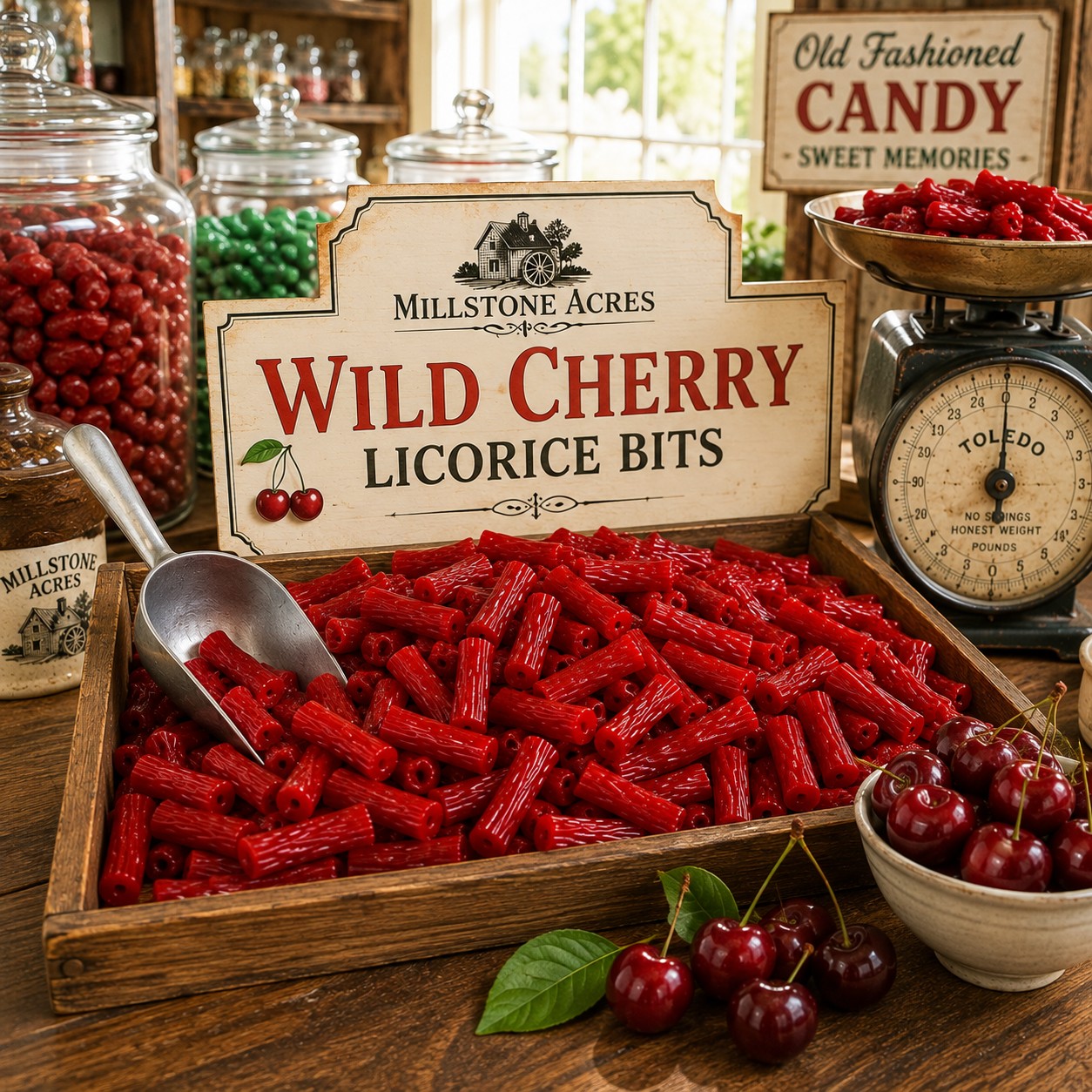 Wild Cherry Licorice Bits displayed in an old fashioned Millstone Acres candy shop