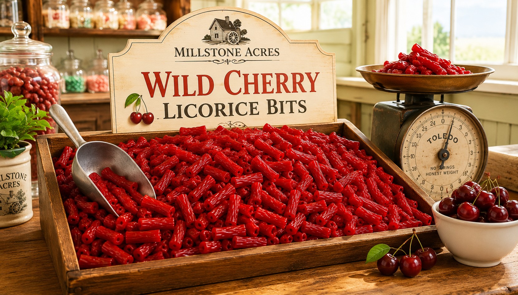 Millstone Acres Wild Cherry Licorice Bits displayed in an old fashioned candy shop setting