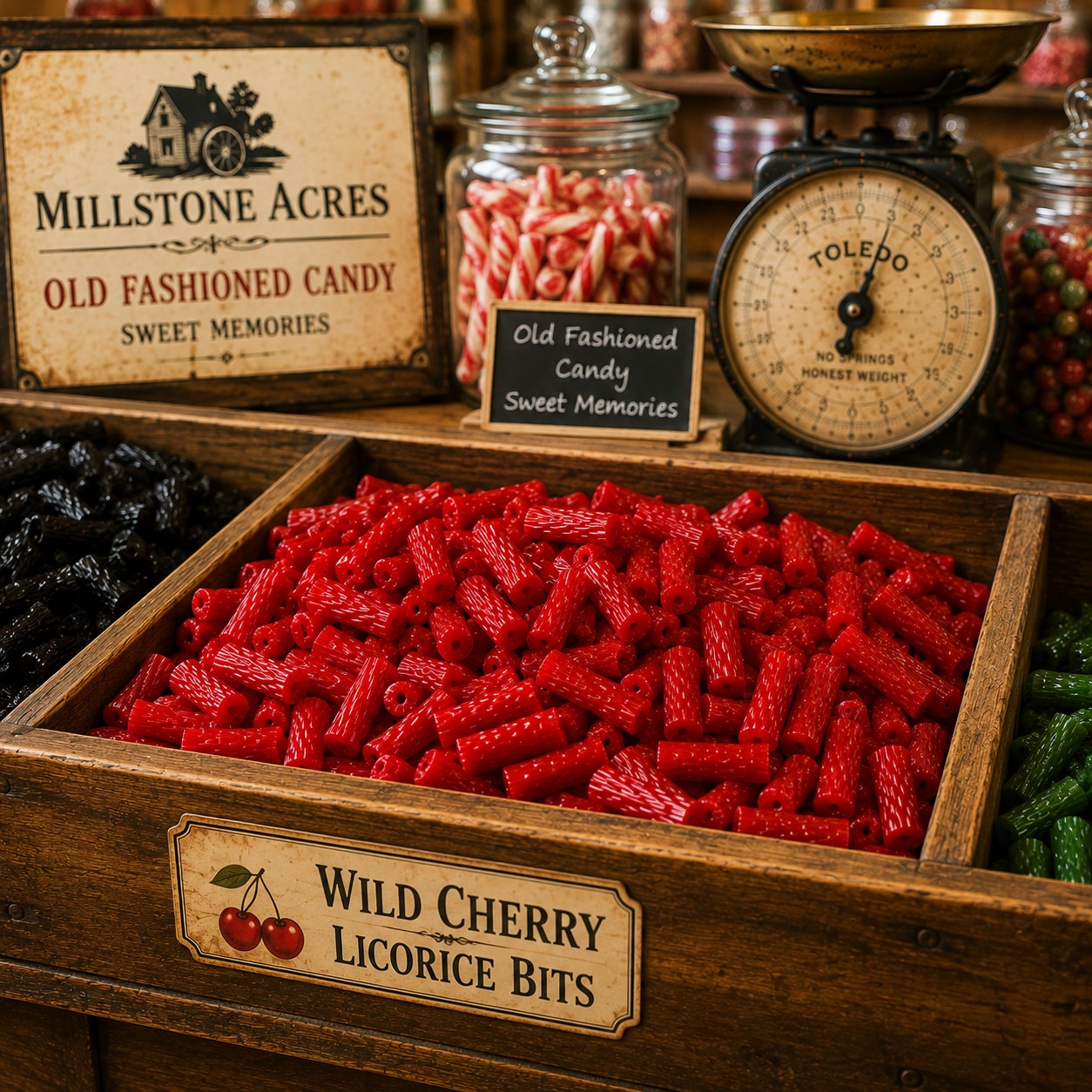 Wild Cherry Licorice Bits in an old fashioned Millstone Acres candy shop
